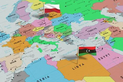 Poland and Libya - pin flags on political map - 3D illustration Stock Illustration