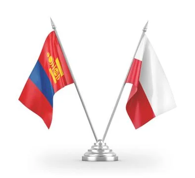 Poland and Mongolia table flags isolated on white 3D rendering Stock Illustration