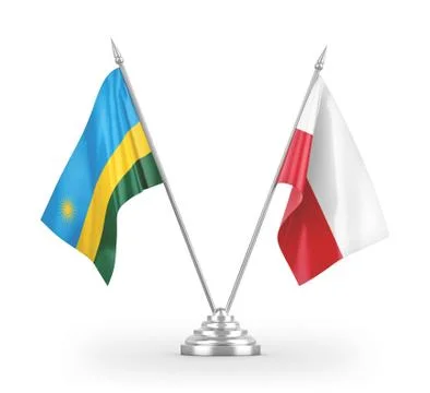 Poland and Rwanda table flags isolated on white 3D rendering Stock Illustration