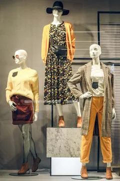 POLAND, BYDGOSZCZ - November 26, 2019: Female mannequins in shop window. Stan Stock Photos
