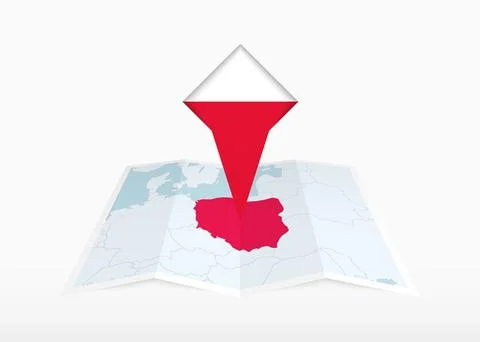 Poland is depicted on a folded paper map and pinned location marker with fl.. Stock Illustration