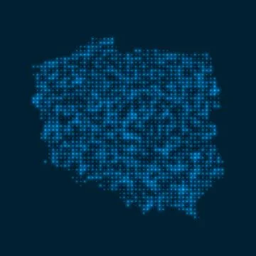 Poland dotted glowing map. Shape of the country with blue bright bulbs. Vec.. Illustrazione stock