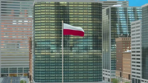 Poland Flag 3D Render Animation on Pole with Modern Business District Buildi Video stock 333039795