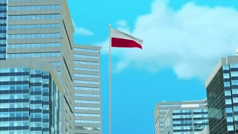 Poland Flag 3D Render Animation with Urban Architecture and Clear Blue Sky Video stock 333117644