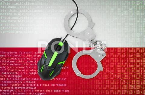 Poland flag and handcuffed computer mouse. Combating computer crime, hackers Stock Photos