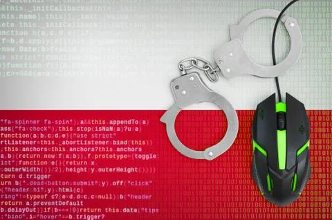 Poland flag  and handcuffed computer mouse. Combating computer crime, hackers Stock-Fotos