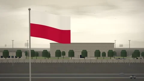 Poland Flag Flying Over Embassy Compound Perimeter Wall seamless loop Stock Footage 345132904