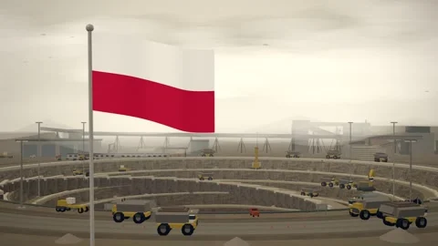 Poland Flag Flying Over Open Pit Mine Terraces seamless loop Video stock 345343736