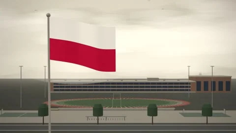 Poland Flag Flying Over School Campus Running Track seamless loop Stock Footage 345381585
