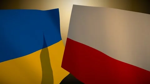 Poland Flag Rippling In Front Of Ukraine With Its Shadow Sweeping The Cloth Video stock 344706005