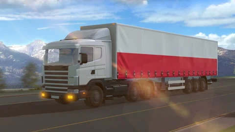 Poland flag shown on the side of a large truck Stock Footage 122105210