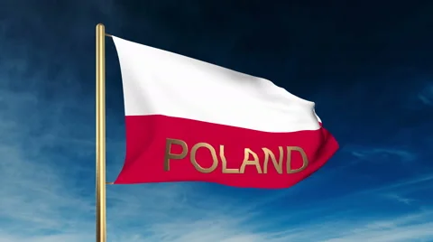 Poland flag slider style with title. Waving in the wind with cloud background Stock Footage 47979262