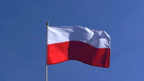 The Poland flag waving in the wind in the blue sky Stock Footage 282432906