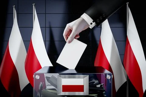 Poland flags, hand dropping ballot card into a box Ilustração Stock