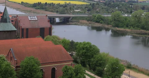 Poland Malbork Castle river bridge traffic 4K Stock Footage 334972030