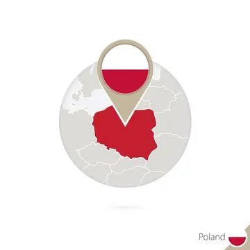 Poland map and flag in circle. Map of Poland, Poland flag pin. Map of Polan.. Stock Illustration