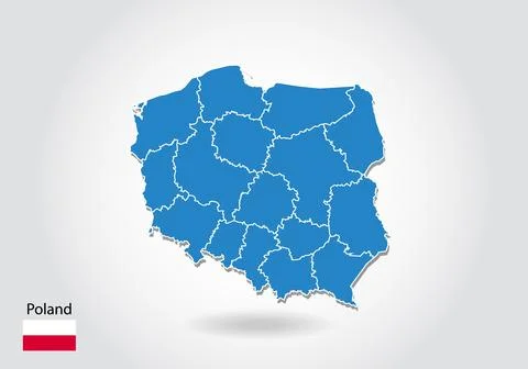 Poland map design with 3D style. Blue Poland map and National flag. Simple ve Stock Illustration