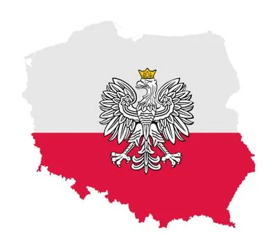 Poland map with flag and Poland coat of arms over map vector illustration. Ilustração Stock
