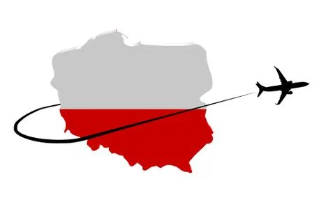 Poland map flag with plane silhouette and swoosh 3d illustration Stock Illustration