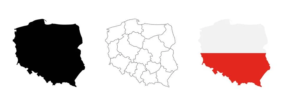 Poland map flag. Silhouette, dashed outline and flag-colored shape of Polan.. Stock Illustration
