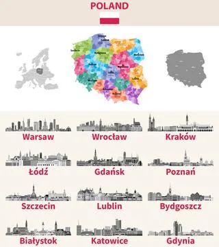 Poland map with main cities on it. Polish cities skylines illustrations Stock Illustration