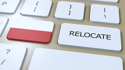 Poland Relocation Business Concept. 3D Illustration. Country Flag with Text.. Illustrazione stock