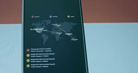 Poland subject to cyber attacks, real time cyber attacks map and Polish flag on Stock Footage 310845280