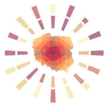 Poland sunburst. Low poly striped rays and map of the country. Trendy vecto.. Stock Illustration