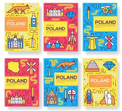 Poland vector brochure cards thin line set. Country travel template of flyear Stock Illustration