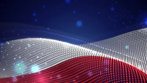 Poland waving  flag on blue background with bright flares, motion loop Stock Footage 149476906