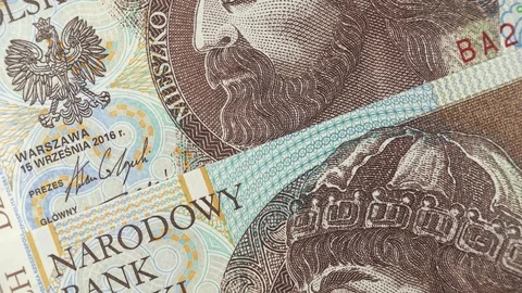 Poland zloty notes macro slow rotating. Polish currency, money Stock Footage 105073868