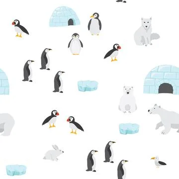 Polar animals seamless pattern. Cute Cartoon arctic animals background. Vecto Stock Illustration