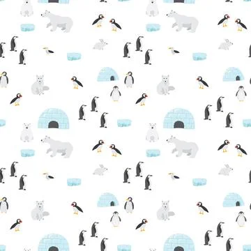 Polar animals seamless pattern. Cute Cartoon arctic animals background. Vec.. Stock Illustration