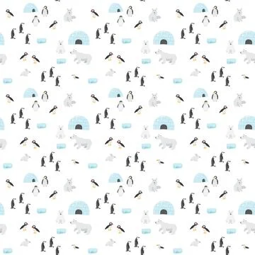 Polar animals seamless pattern. Cute Cartoon arctic animals background. Vec.. Stock Illustration