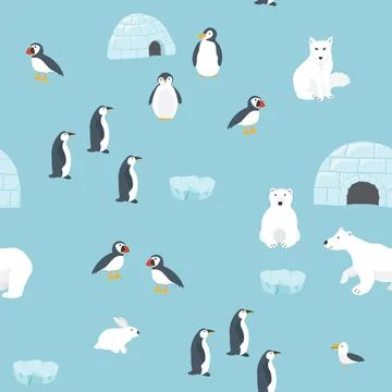 Polar animals seamless pattern. Cute Cartoon arctic animals background. Vec.. Stock Illustration