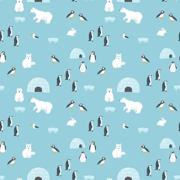 Polar animals seamless pattern. Cute Cartoon arctic animals background. Vec.. Stock Illustration