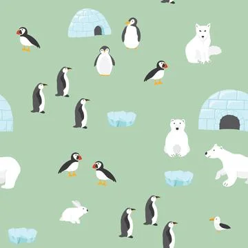 Polar animals seamless pattern. Cute Cartoon arctic animals background. Vecto Stock Illustration