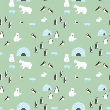 Polar animals seamless pattern. Cute Cartoon arctic animals background. Vecto Stock Illustration