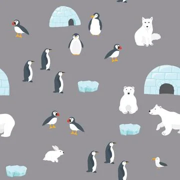 Polar animals seamless pattern. Cute Cartoon arctic animals background. Vecto Stock Illustration