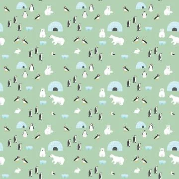 Polar animals seamless pattern. Cute Cartoon arctic animals background. Vecto Stock Illustration