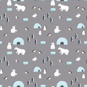 Polar animals seamless pattern. Cute Cartoon arctic animals background. Vecto Stock Illustration