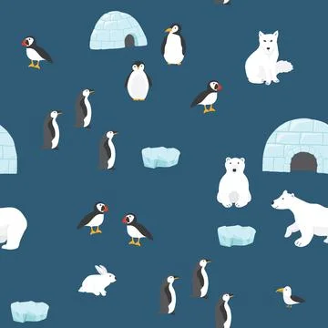 Polar animals seamless pattern. Cute Cartoon arctic animals background. Vecto Stock Illustration