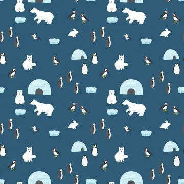Polar animals seamless pattern. Cute Cartoon arctic animals background. Vecto Stock Illustration