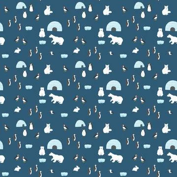 Polar animals seamless pattern. Cute Cartoon arctic animals background. Vecto Stock Illustration