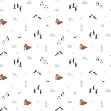 Polar animals seamless pattern. Cute Cartoon arctic animals background. Vecto Stock Illustration
