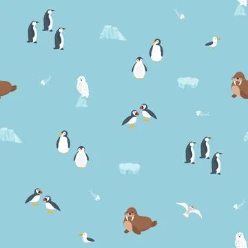 Polar animals seamless pattern. Cute Cartoon arctic animals background. Vecto Stock Illustration