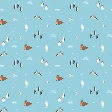 Polar animals seamless pattern. Cute Cartoon arctic animals background. Vecto Stock Illustration