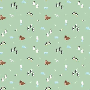 Polar animals seamless pattern. Cute Cartoon arctic animals background. Vecto Stock Illustration