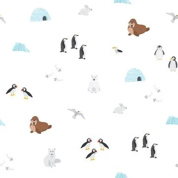 Polar animals seamless pattern. Cute Cartoon arctic animals background. Vec.. Stock Illustration