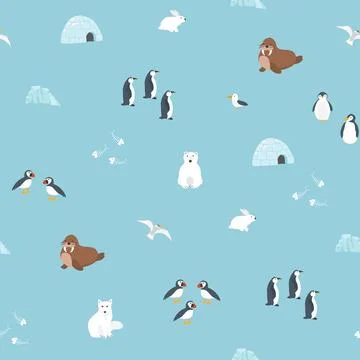 Polar animals seamless pattern. Cute Cartoon arctic animals background. Vec.. Stock Illustration